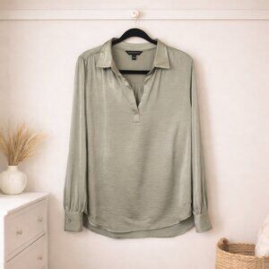Banana Republic Satin Popover Blouse Sage Green Long Sleeve Women's Size Large